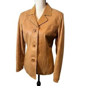 Vintage Mossimo Genuine Leather Jacket Tan Brown Button Up Blazer Medium 90s Y2K